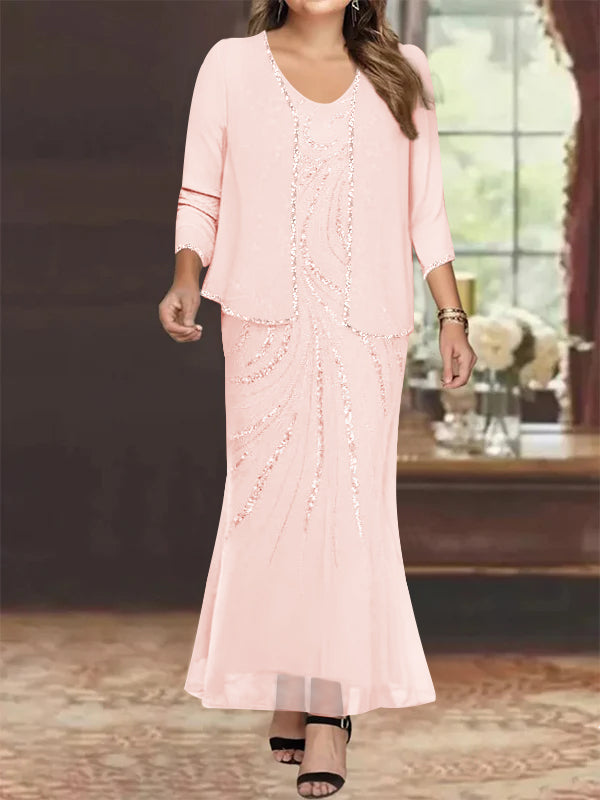 Plus Size V Neck Ankle Length Sheath Column Mother of the Bride Dress with Sequins & Jacket