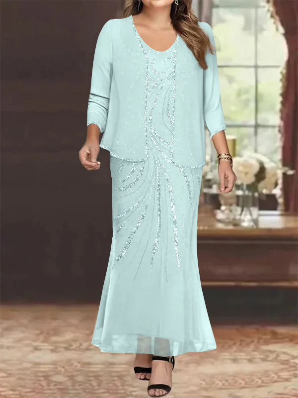 Plus Size V Neck Ankle Length Sheath Column Mother of the Bride Dress with Sequins & Jacket