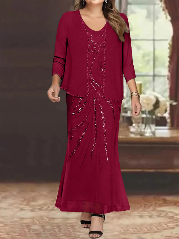 Plus Size V Neck Ankle Length Sheath Column Mother of the Bride Dress with Sequins & Jacket
