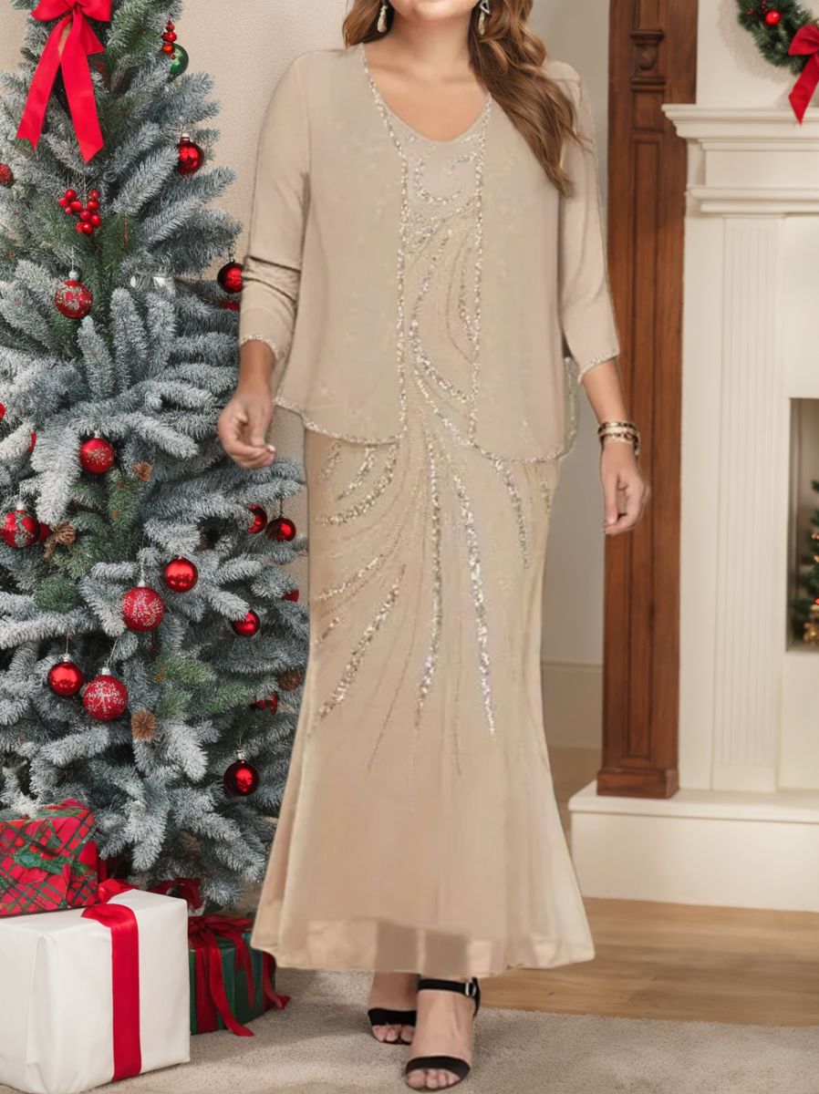 Plus Size V Neck Ankle Length Sheath Column Mother of the Bride Dress with Sequins & Jacket
