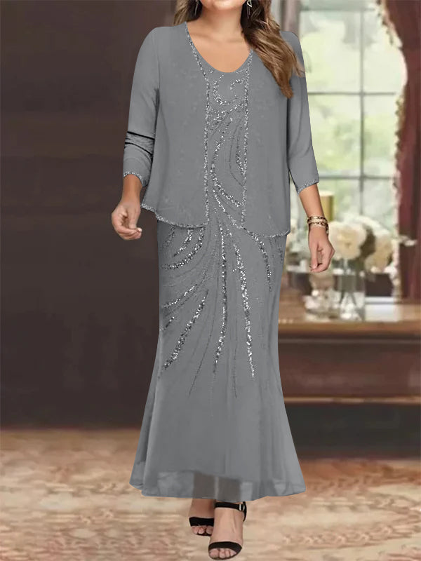 Plus Size V Neck Ankle Length Sheath Column Mother of the Bride Dress with Sequins & Jacket