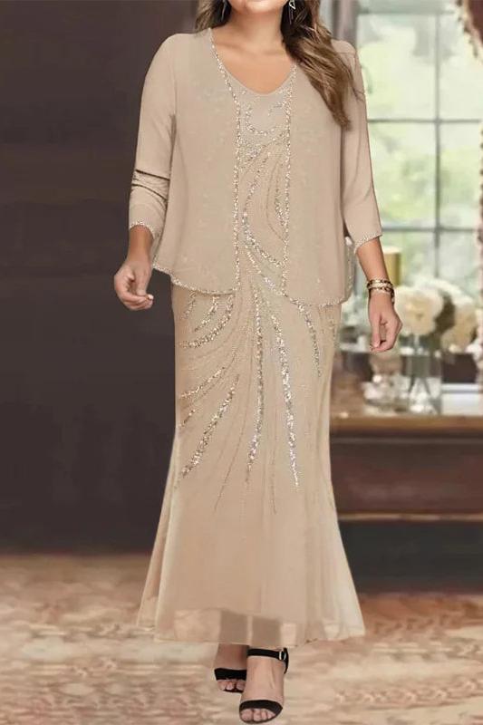 Plus Size V Neck Ankle Length Sheath Column Mother of the Bride Dress with Sequins & Jacket