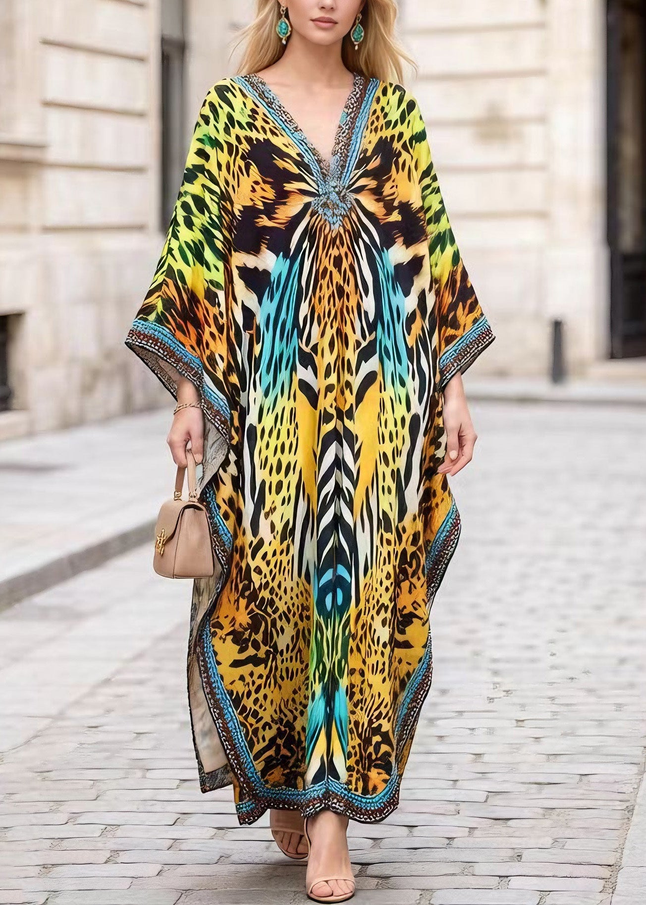 Plus Size V Neck Leopard Print Chiffon Long Dress Summer