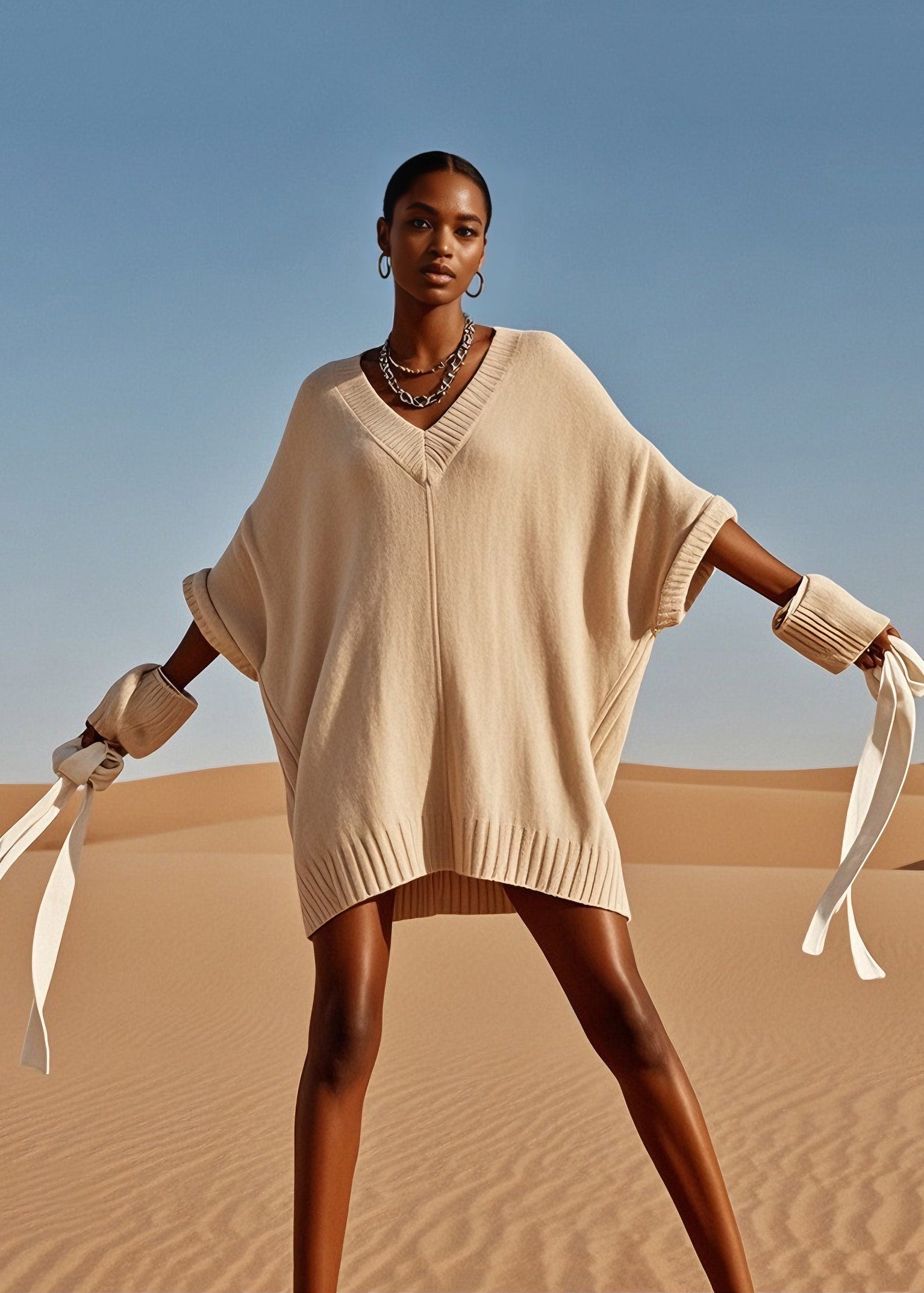 Plus Size V Neck Mid Knit Sweater Dress Batwing Sleeve