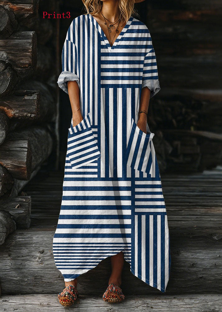 Plus Size V Neck Print Pockets Cotton Long Dress Summer