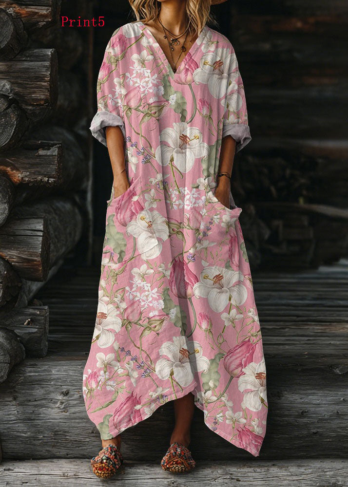 Plus Size V Neck Print Pockets Cotton Long Dress Summer