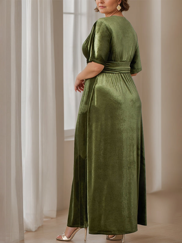 Plus Size Velvet Mother of the Bride A Line Dress with V Neck Half Sleeves and Ruffles