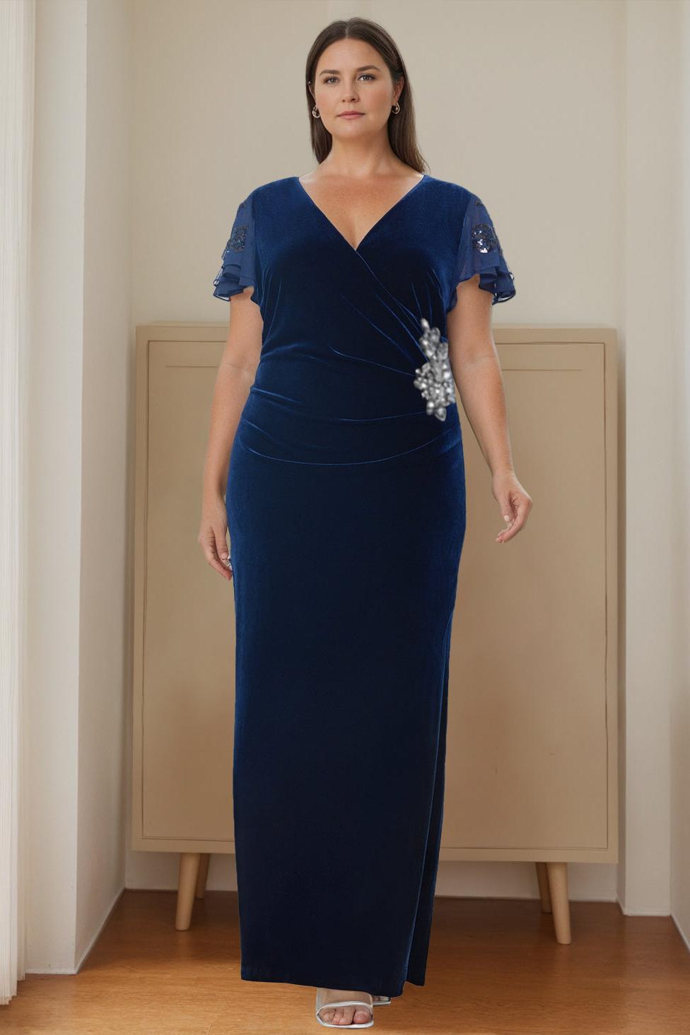 Plus Size Velvet Mother of the Bride Dress with V Neck Ruffles and Appliques