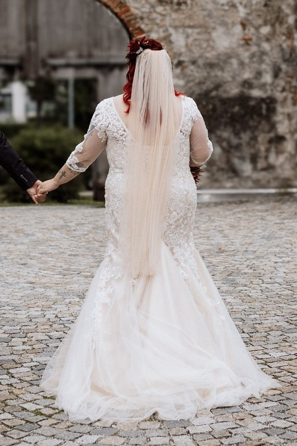 Plus Size Wedding Dress 3/4 Sleeve Tulle Mermaid Bridal Gown with Lace Appliques