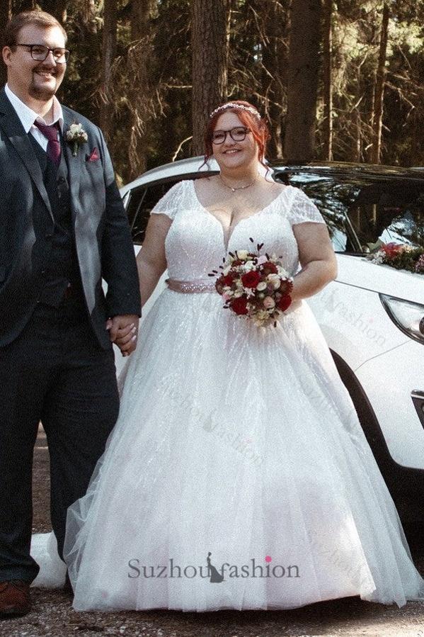 Plus Size Wedding Dress V Neck Sparkly Cap Sleeve A Line Bridal Gown