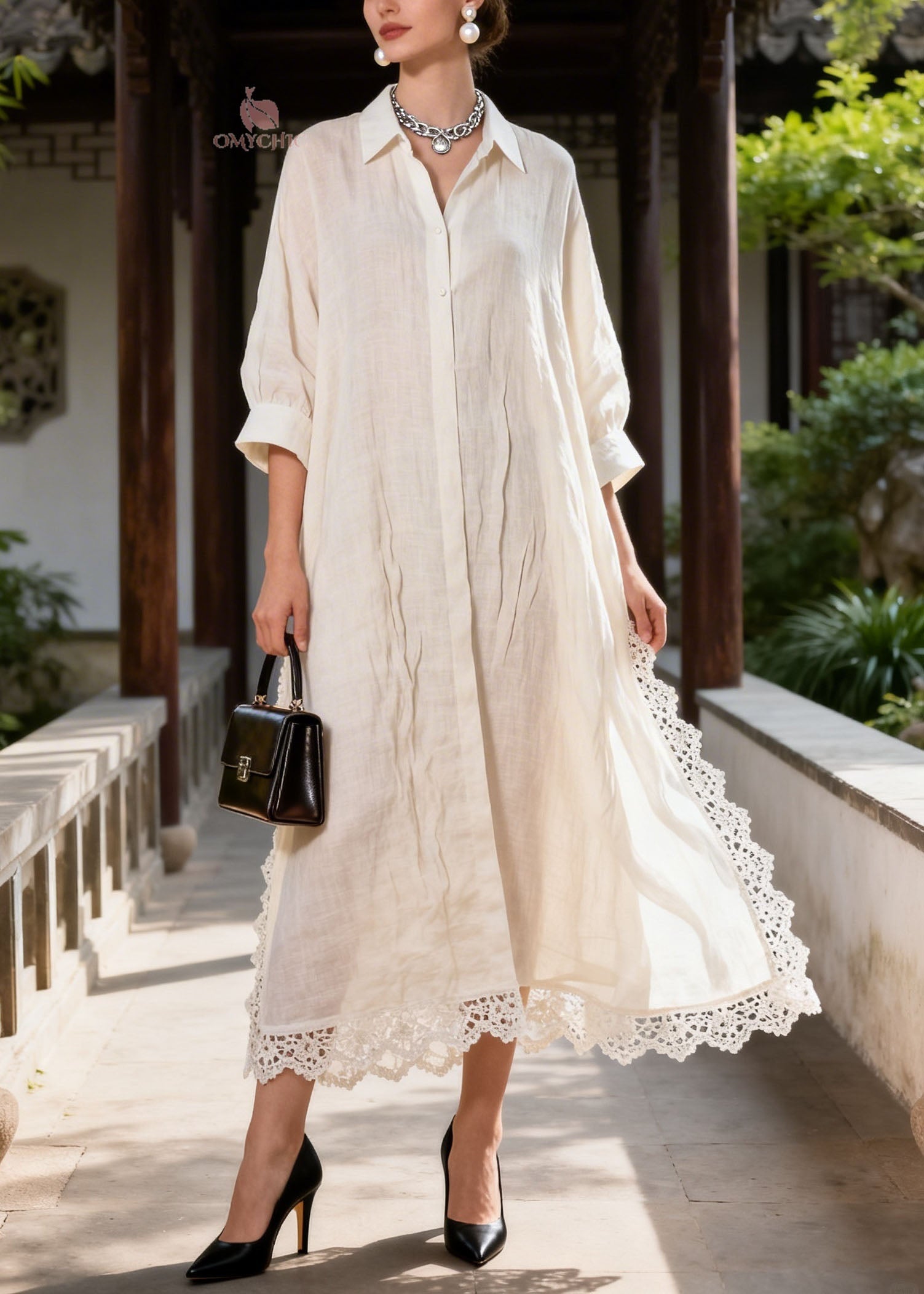 Plus Size White Peter Pan Collar Lace Patchwork Cotton Dress Summer
