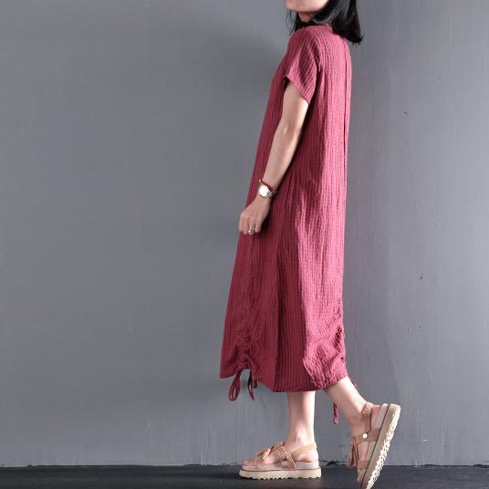 Plus size burgundy linen long sundress causal summer linen dresses drawstring at the hem