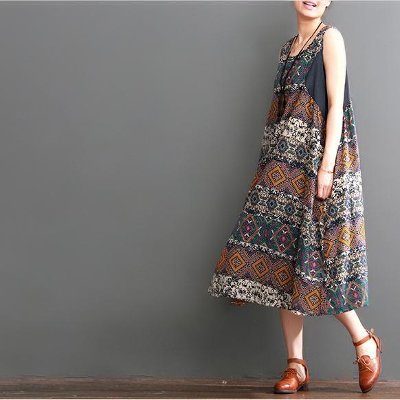 Plus size summer linen dress floral print sleeveless sundress maxi dresses