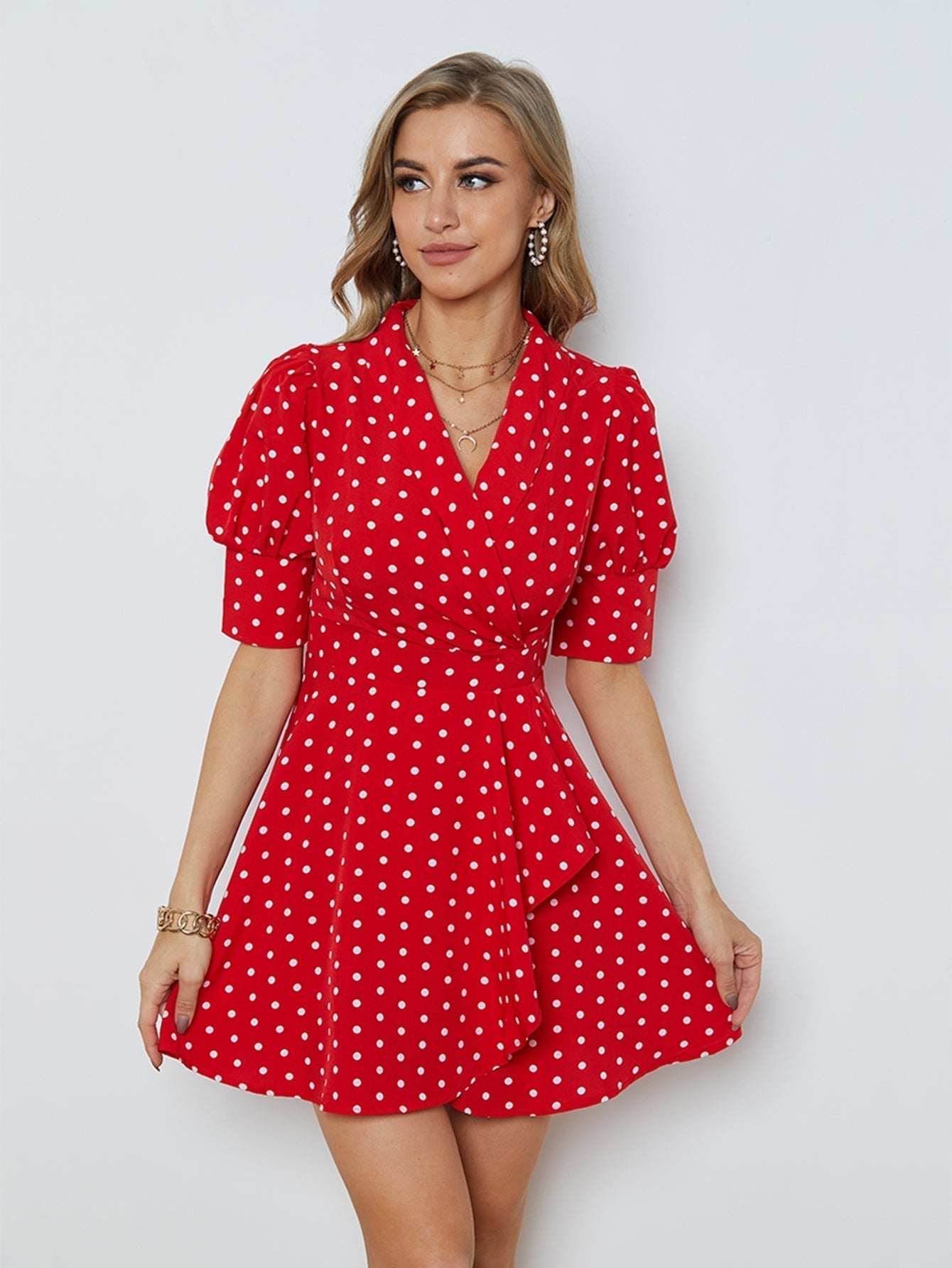 Polka Dots Puff Sleeve Ruffled Dress