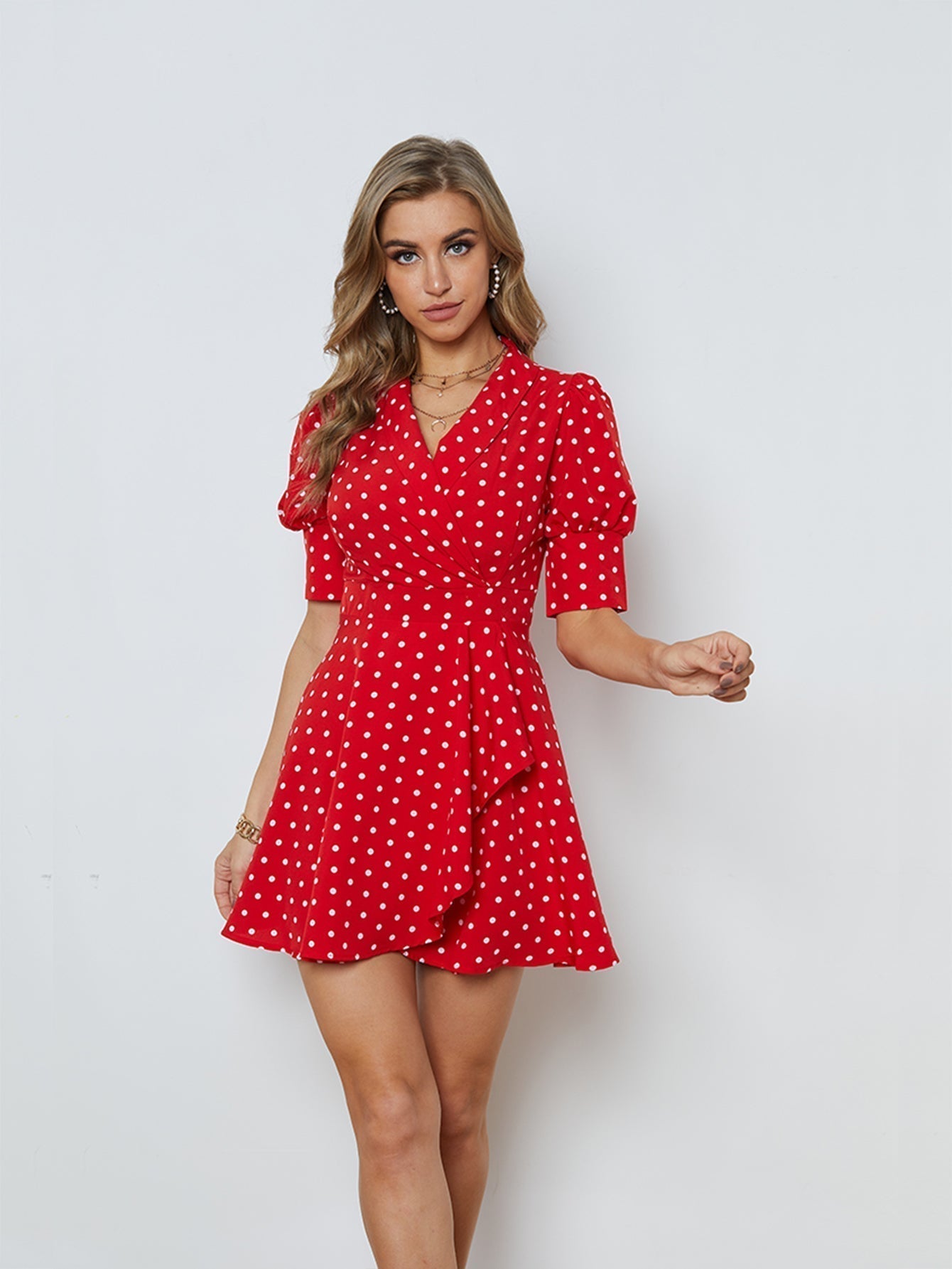 Polka Dots Puff Sleeve Ruffled Dress