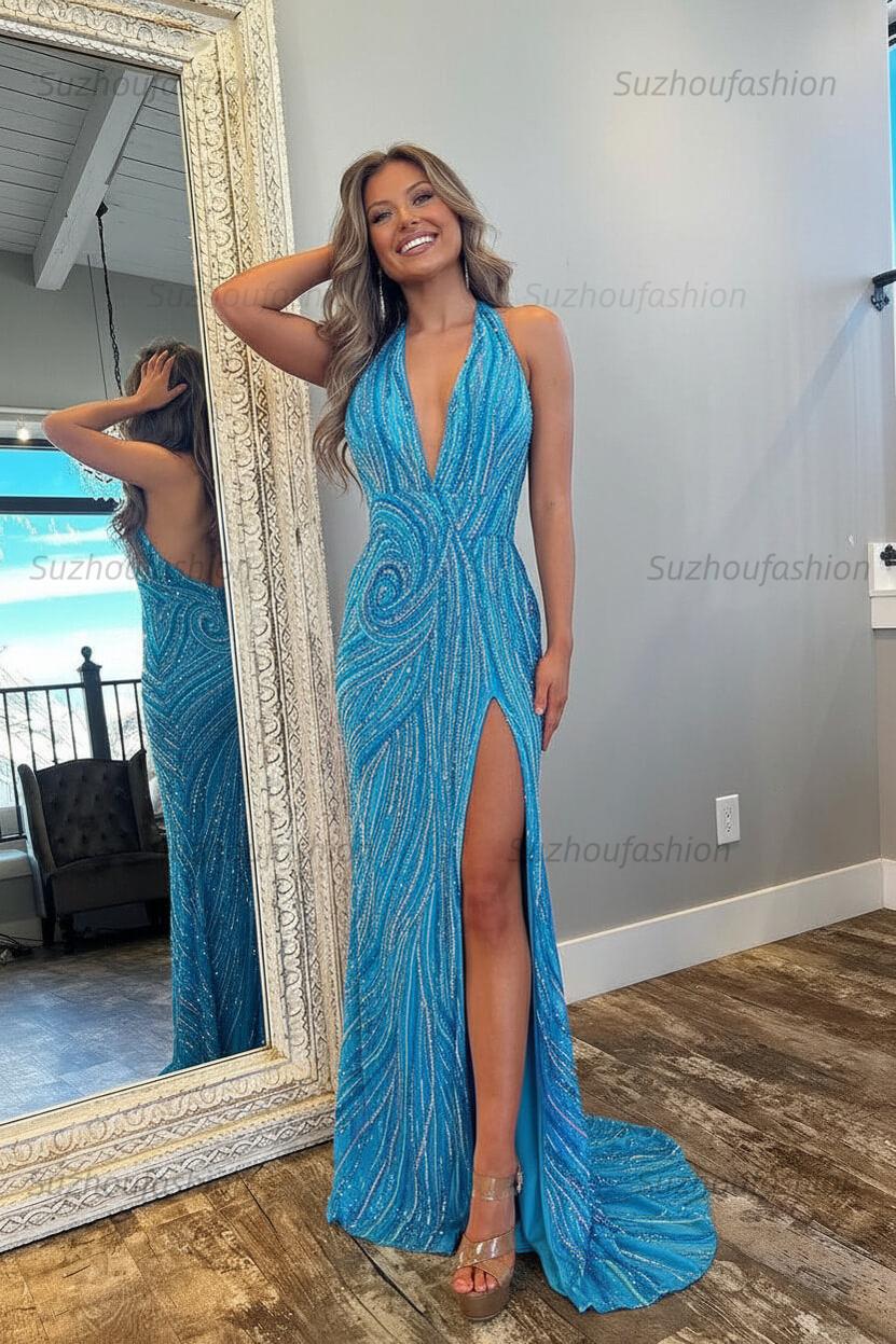 Halter Prom Dress Pink and Orange Mermaid Evening Dress with Slit