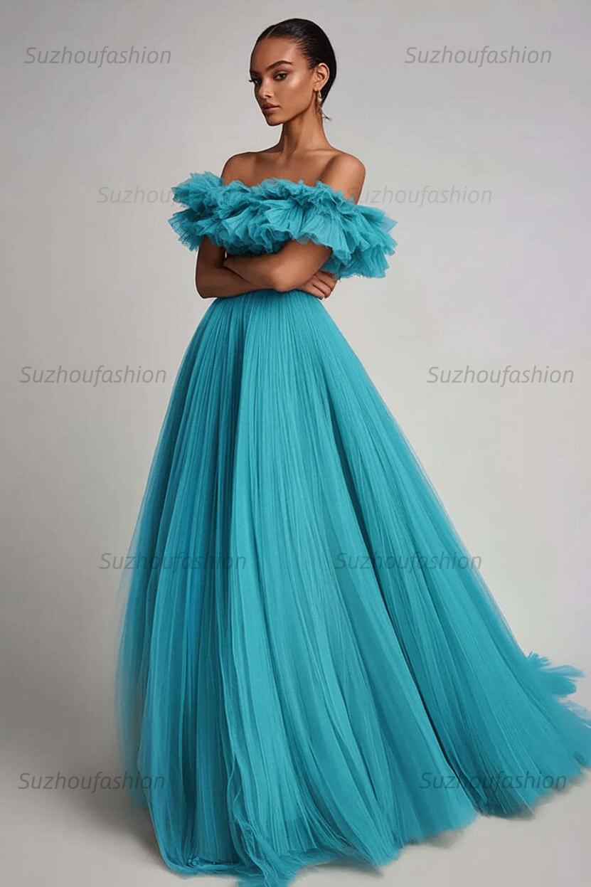 Dusty Sage Prom Dress Tulle A Line Long Formal Dress With Ruffles