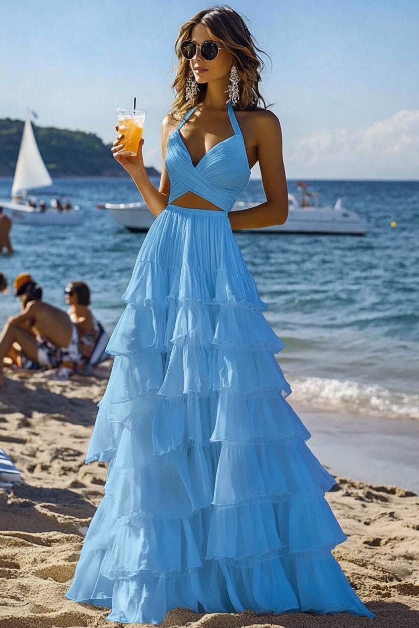 Halter Tiered White 2 Piece Ruffled Formal Dress