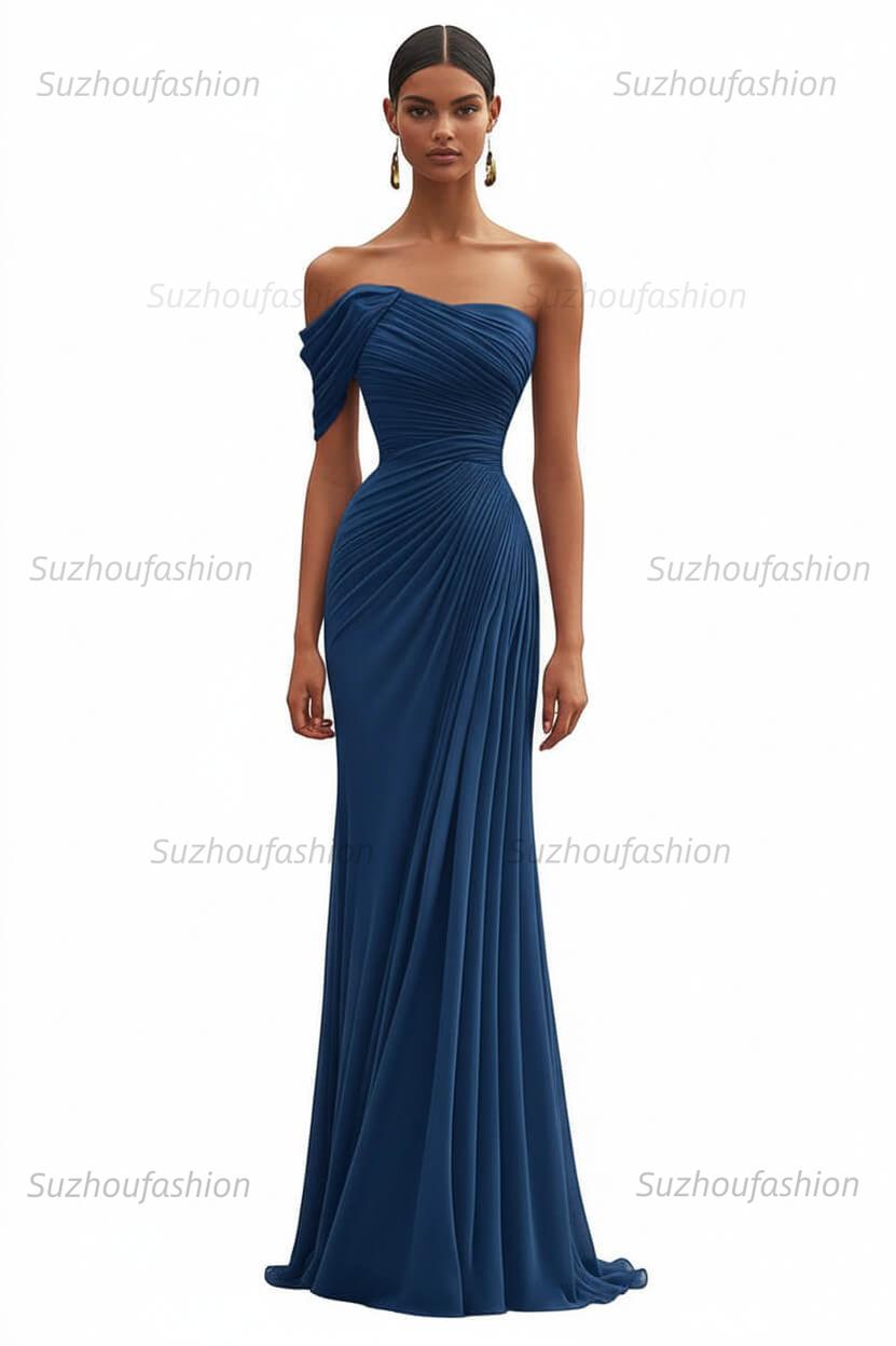 One Shoulder Ruched Mermaid Dark Green Wedding Guest Dress Long Formal Dress
