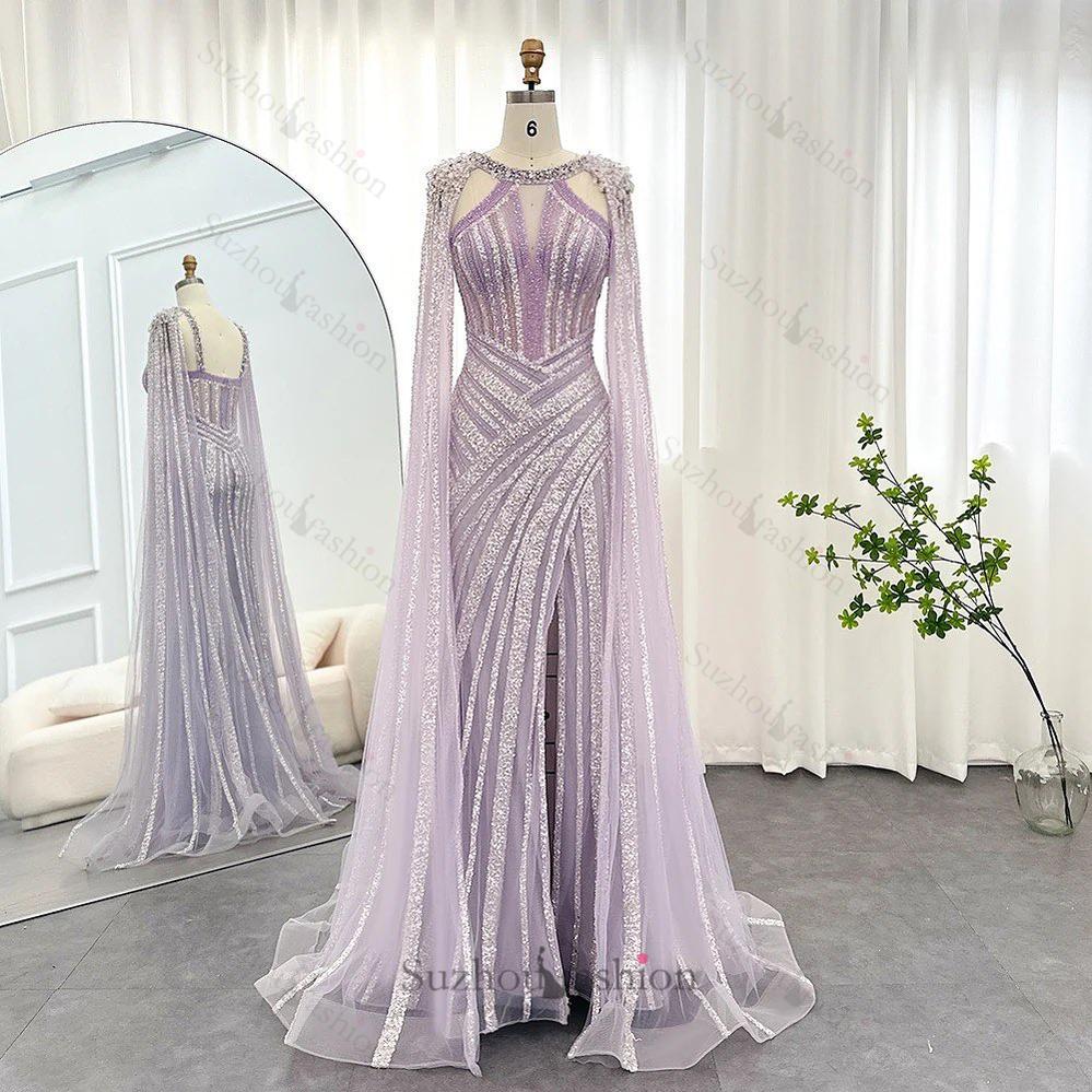 Pretty Lilac Scoop Mermaid Evening Dress Split With Beadings Ruffle