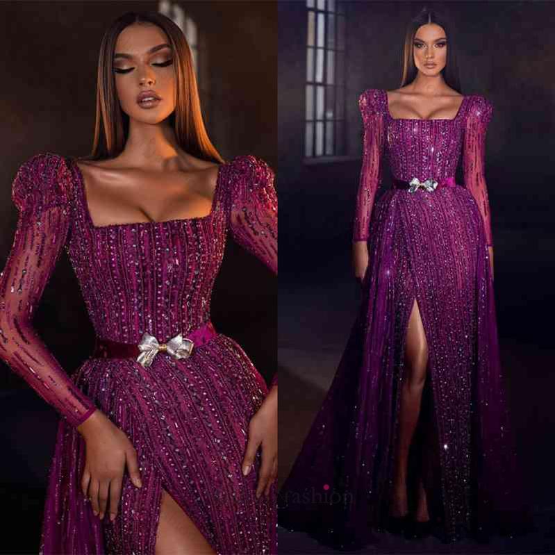 Pretty Purple Square Prom Dress Mermaid Long Sleeves Beadings With Split