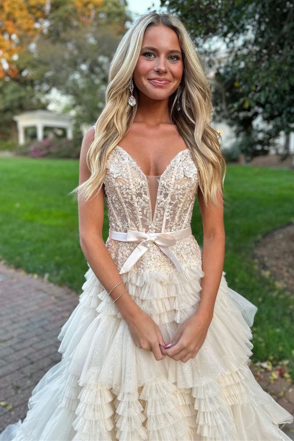 Champagne A-Line Off The Shoulder Long Tulle Prom Dress With Split And Sash - View 3 | VelvetHem
