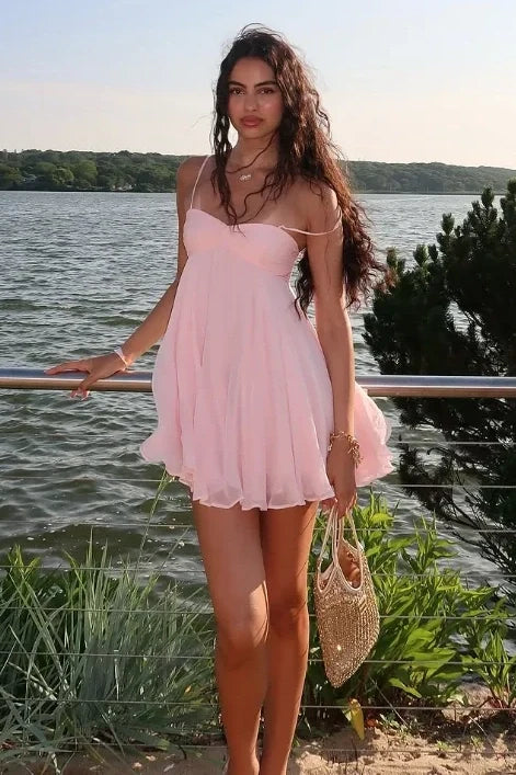 Pretty A Line Spaghetti Straps Pink Short Homecoming Dress with Ruffles