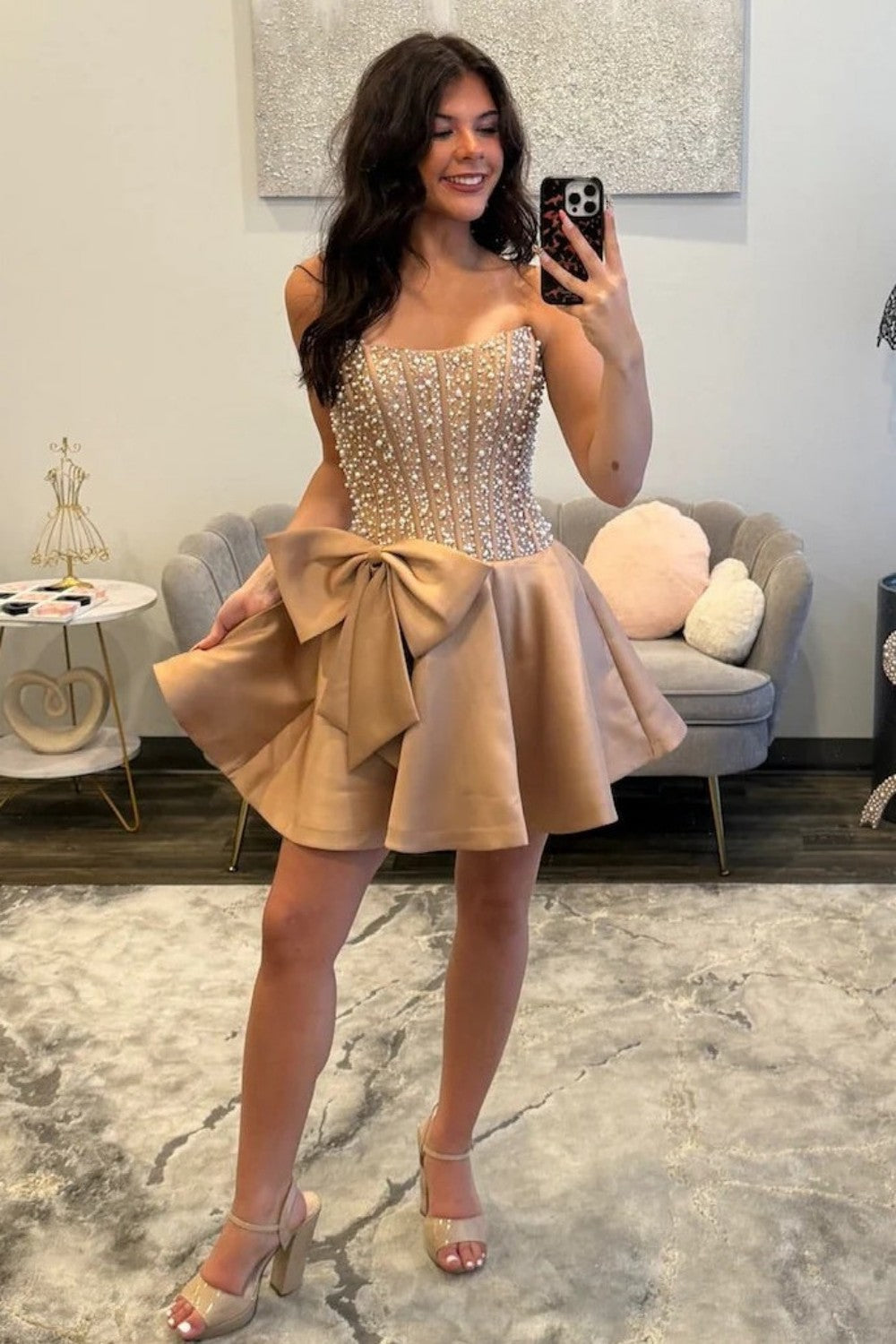 Pretty A Line Strapless Champagne Corset Homecoming Dress with Pearls Bowknot