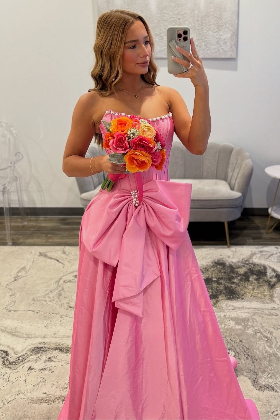 Pretty A Line Strapless Pink Corset Prom Dress with Bowknot Pearls