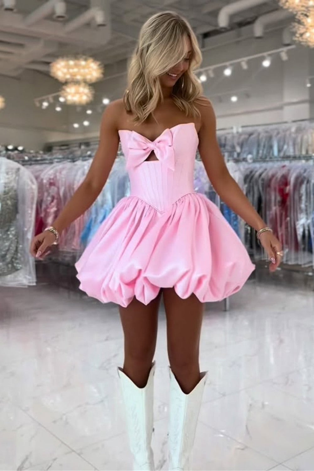 Pretty A Line Sweetheart Pink Corset Homecoming Dress with Keyhole Bowknot
