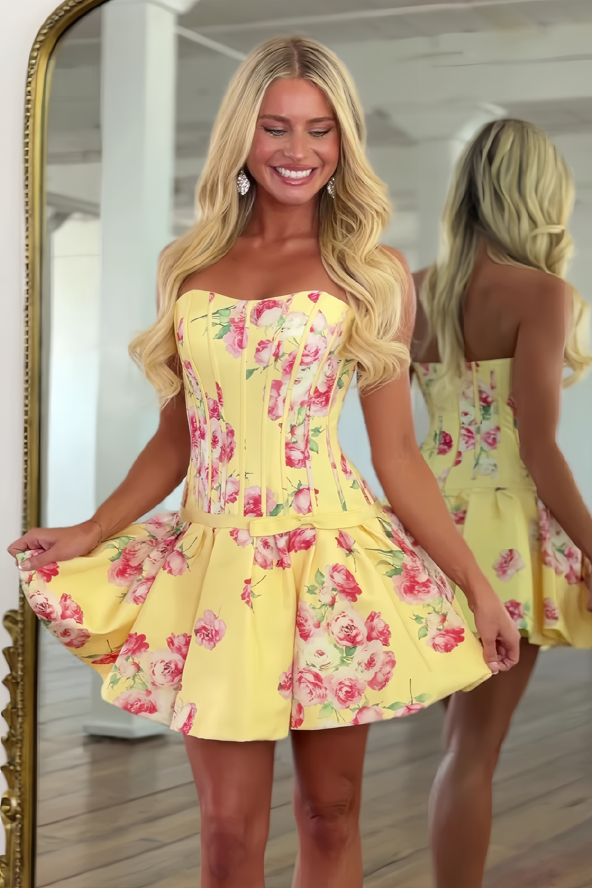 Pretty A Line Sweetheart Yellow Printed Corset Homecoming Dress with Bowknot