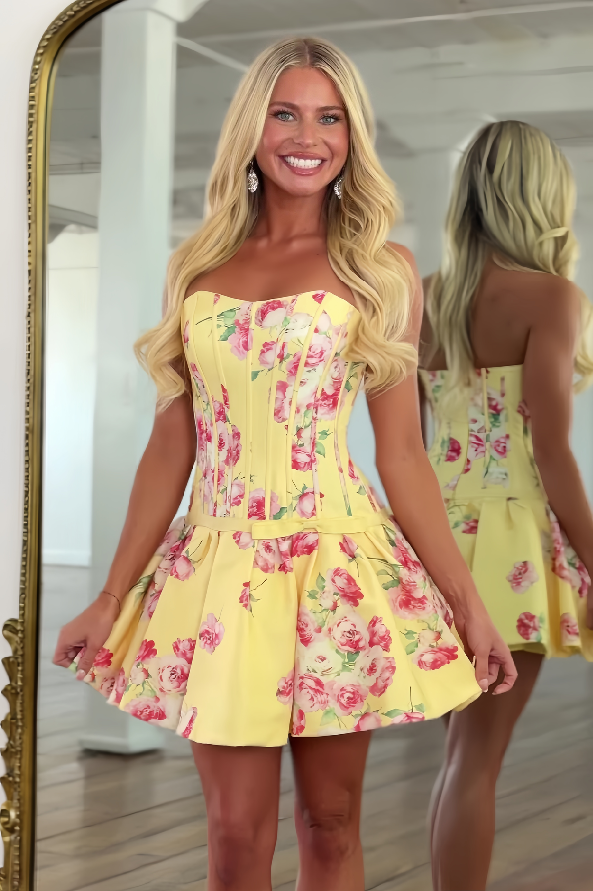 Pretty A Line Sweetheart Yellow Printed Corset Homecoming Dress with Bowknot