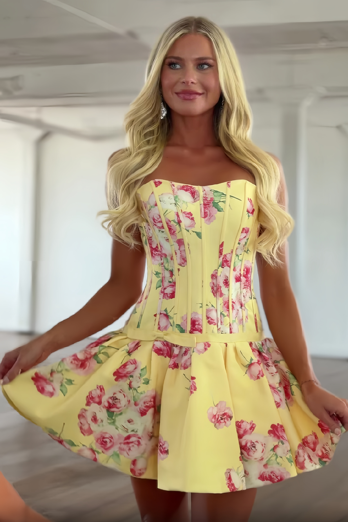 Pretty A Line Sweetheart Yellow Printed Corset Homecoming Dress with Bowknot