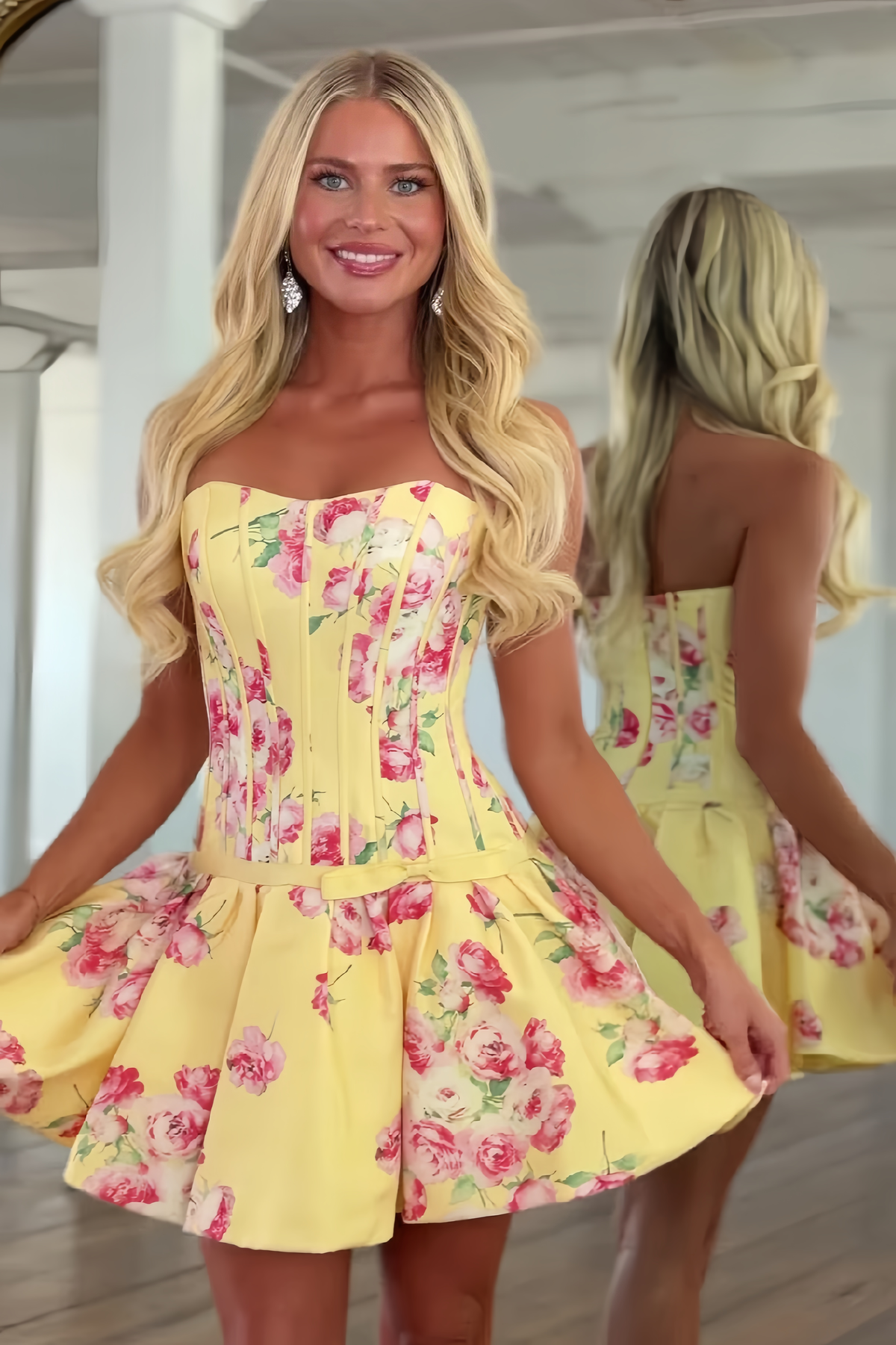 Pretty A Line Sweetheart Yellow Printed Corset Homecoming Dress with Bowknot