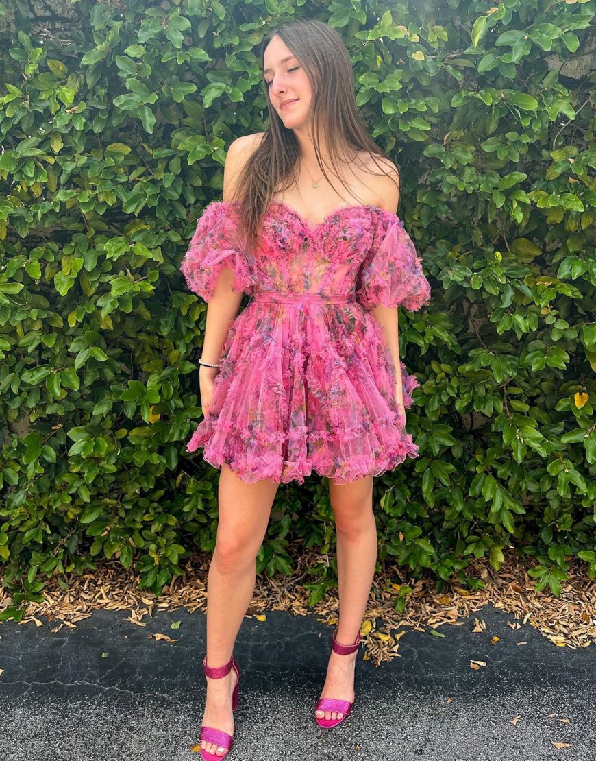 Pretty Fuchsia Puff Sleeves A-Line Short Party Dress