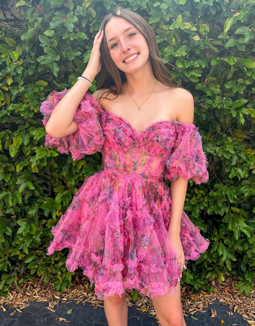 Pretty Fuchsia Puff Sleeves A-Line Short Party Dress
