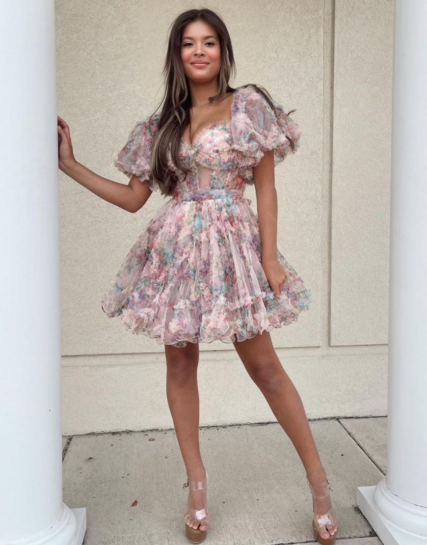 Pretty Fuchsia Puff Sleeves A-Line Short Party Dress