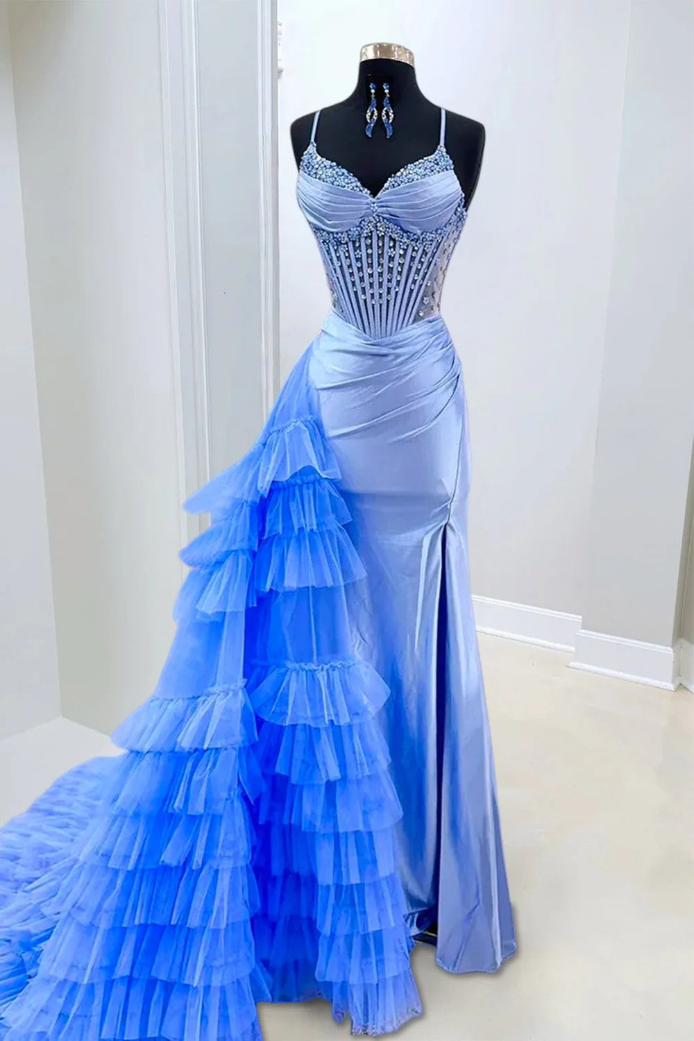 Gorgeous Mermaid Spaghetti Straps Blue Corset Prom Dress with Beading - VelvetHem