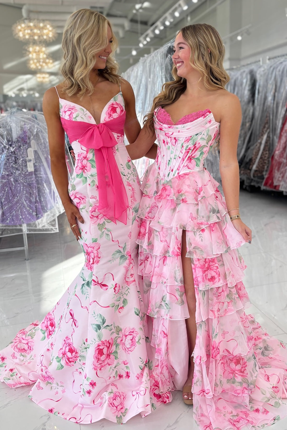 Sweety Mermaid Spaghetti Straps Pink Floral Printed Long Prom Dress with Bowknot - VelvetHem