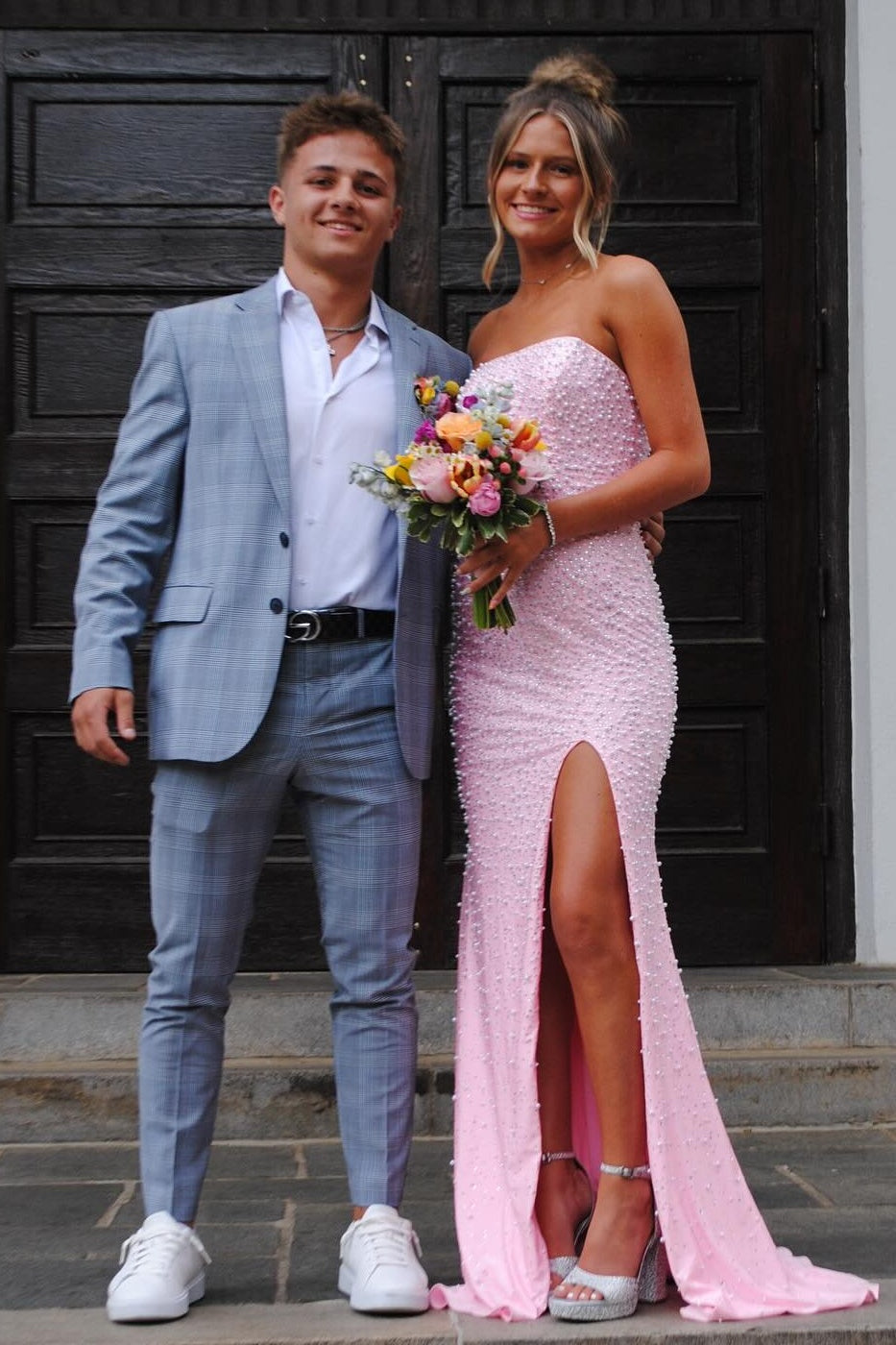 Pretty Mermaid Strapless Pink Long Prom Dress with Pearls - View 10 | VelvetHem