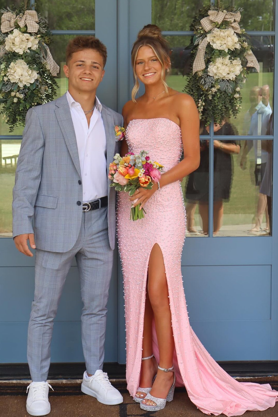 Pretty Mermaid Strapless Pink Long Prom Dress with Pearls - View 3 | VelvetHem