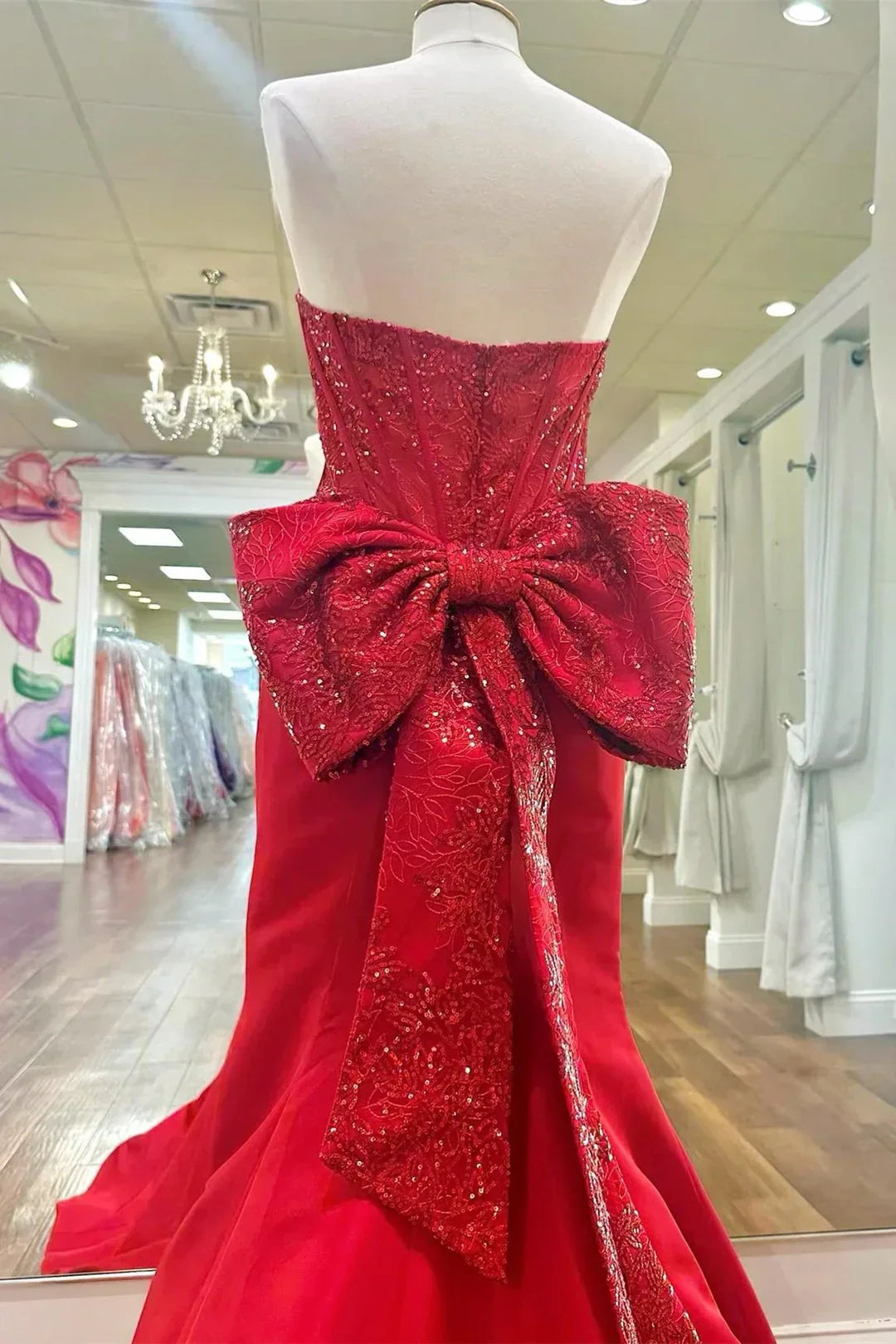 Pretty Mermaid Sweetheart Red Long Prom Dress with Appliques Bowknot