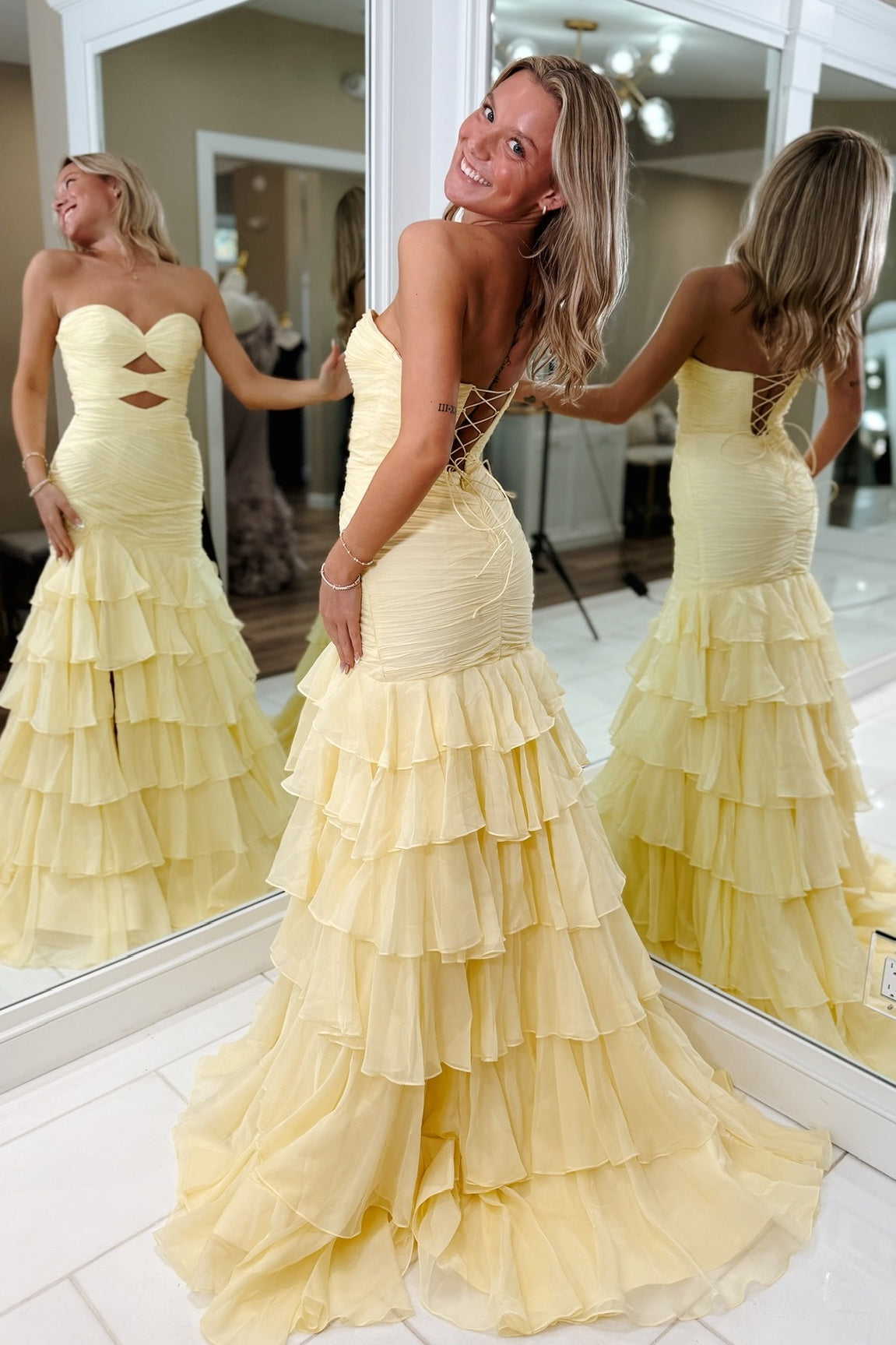 Pretty Mermaid Sweetheart Yellow Long Prom Dress with Ruffles - View 4 | VelvetHem