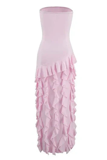 Pretty Sheath Strapless Pink Long Party Dress with Ruffles Split Front - View 7 | VelvetHem