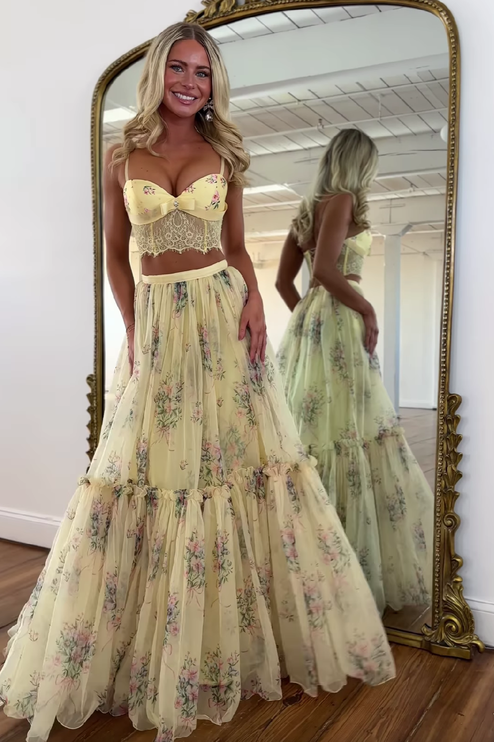 Pretty Two Piece Spaghetti Straps Yellow Long Prom Dress with Lace Ruffles