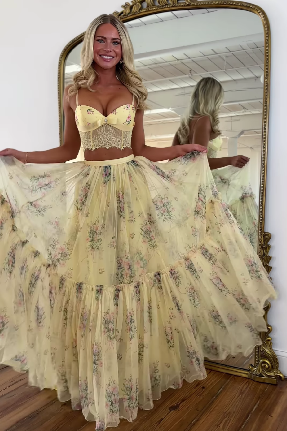 Pretty Two Piece Spaghetti Straps Yellow Long Prom Dress with Lace Ruffles