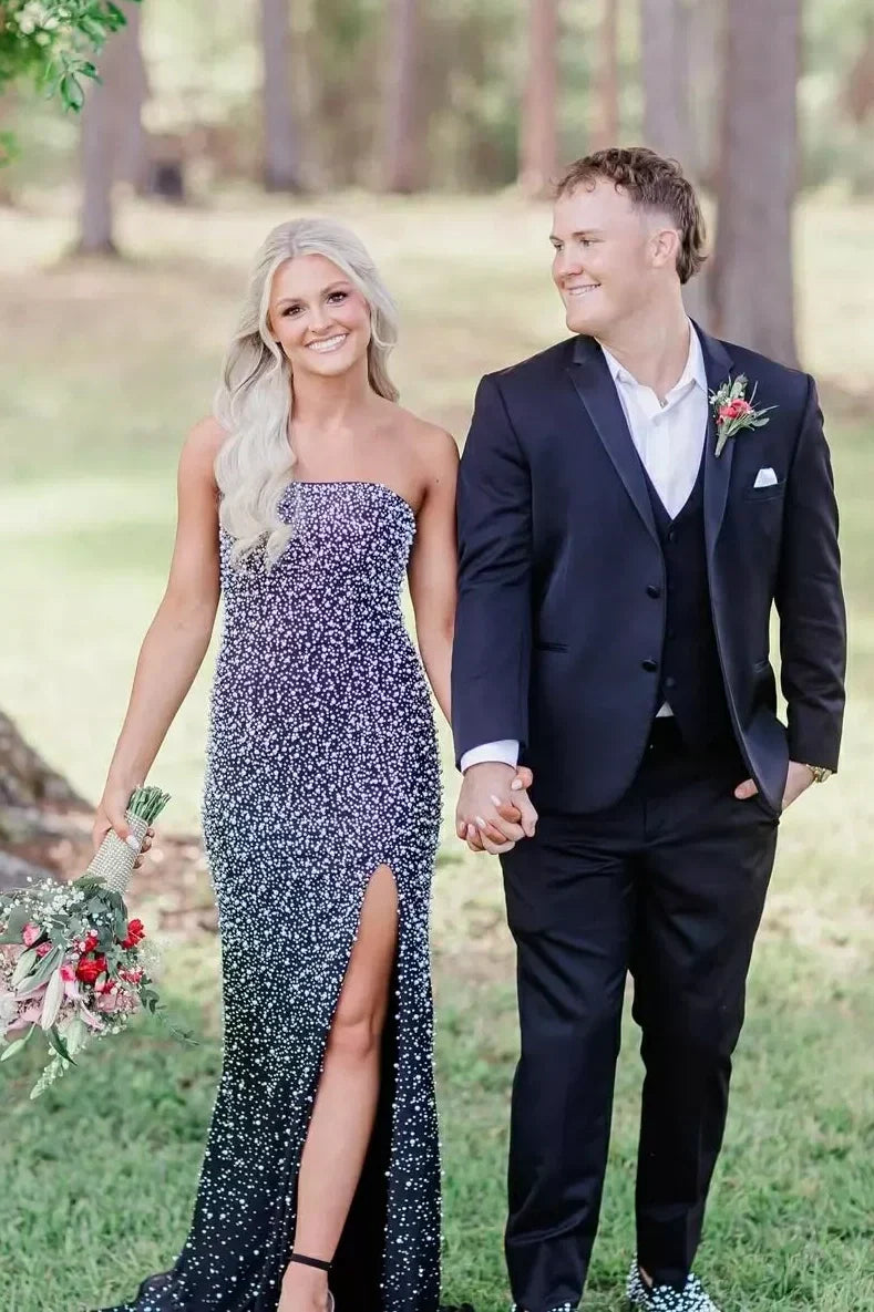 Stunning Mermaid Strapless Black Long Prom Dress with Pearls