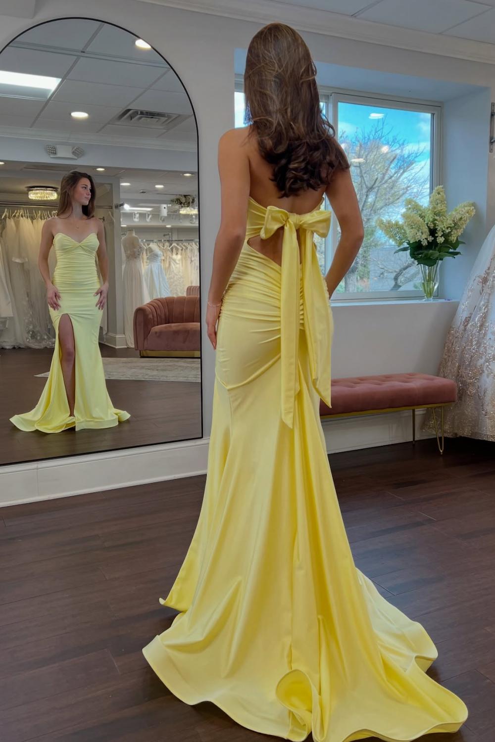 Pretty Mermaid Sweetheart Yellow Long Prom Dress with Bowknot Back - View 4 | VelvetHem