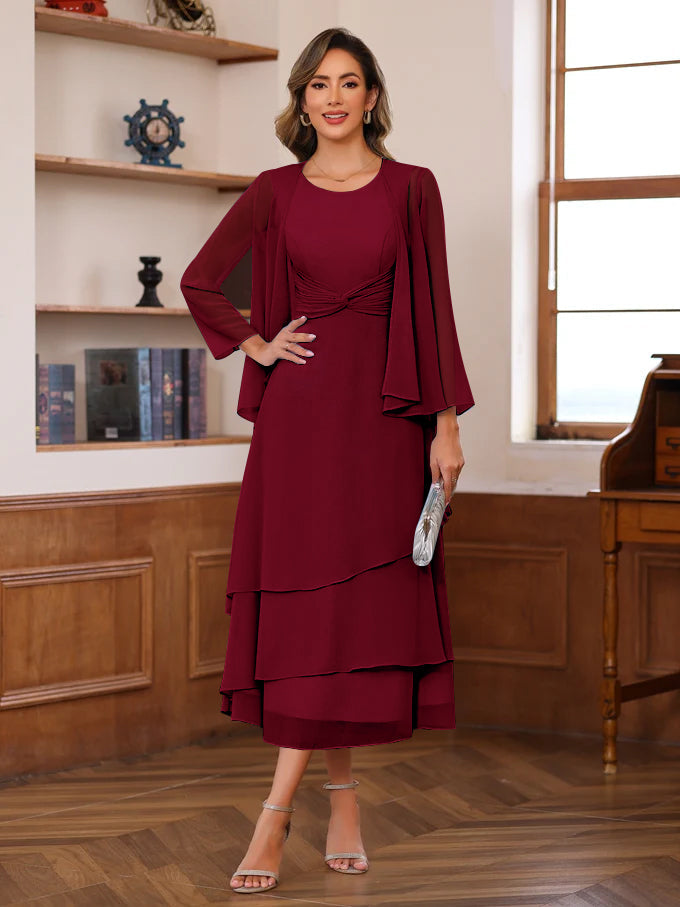 A Line 2 Piece Tea Length Mother of the Bride Dress with Scoop Neck Ruffles & Jacket