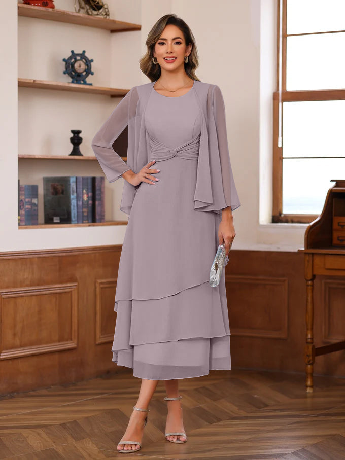 A Line 2 Piece Tea Length Mother of the Bride Dress with Scoop Neck Ruffles & Jacket